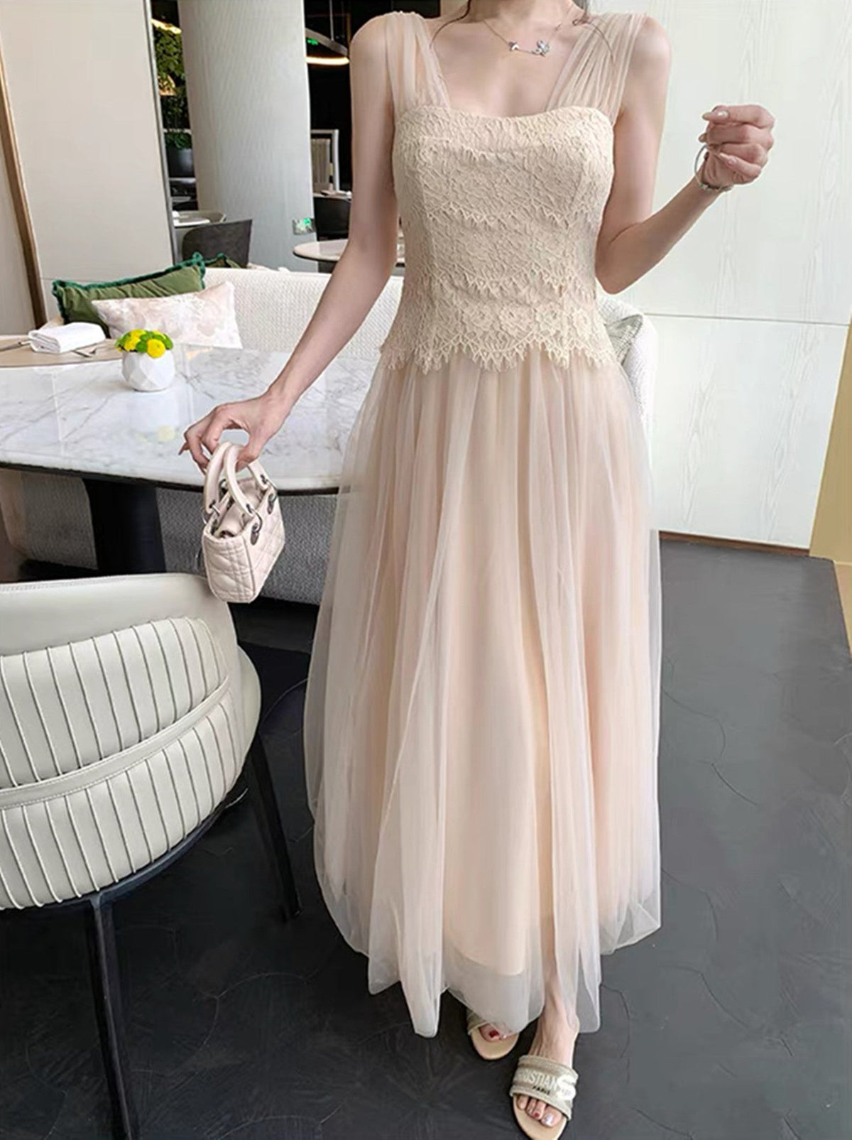【dress】レースチュールドッキングロングワンピース  N3731
