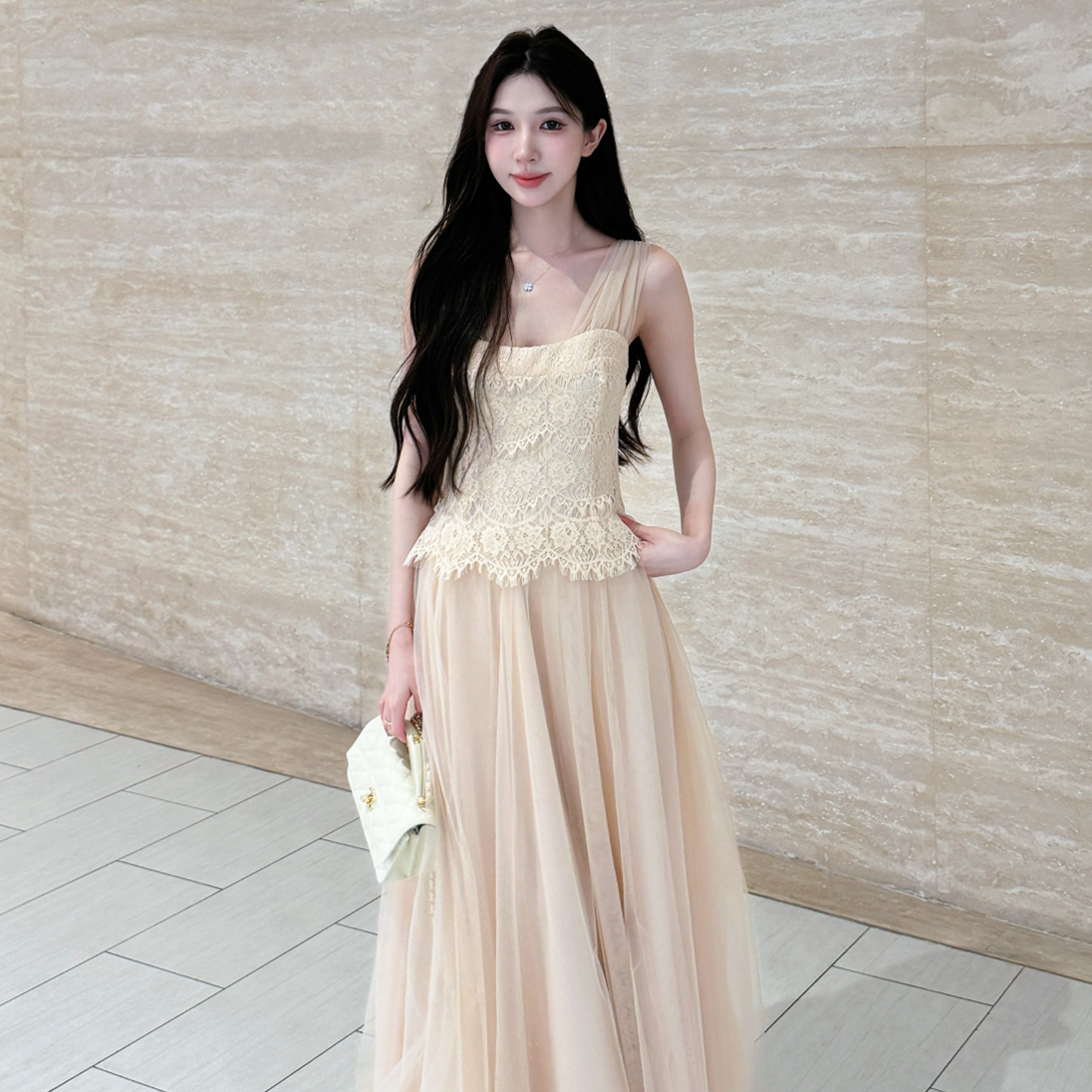 【dress】レースチュールドッキングロングワンピース  N3731