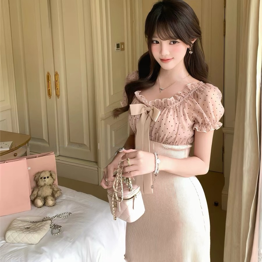 【dress】リボンドットチュールドッキングニットワンピース  N3733