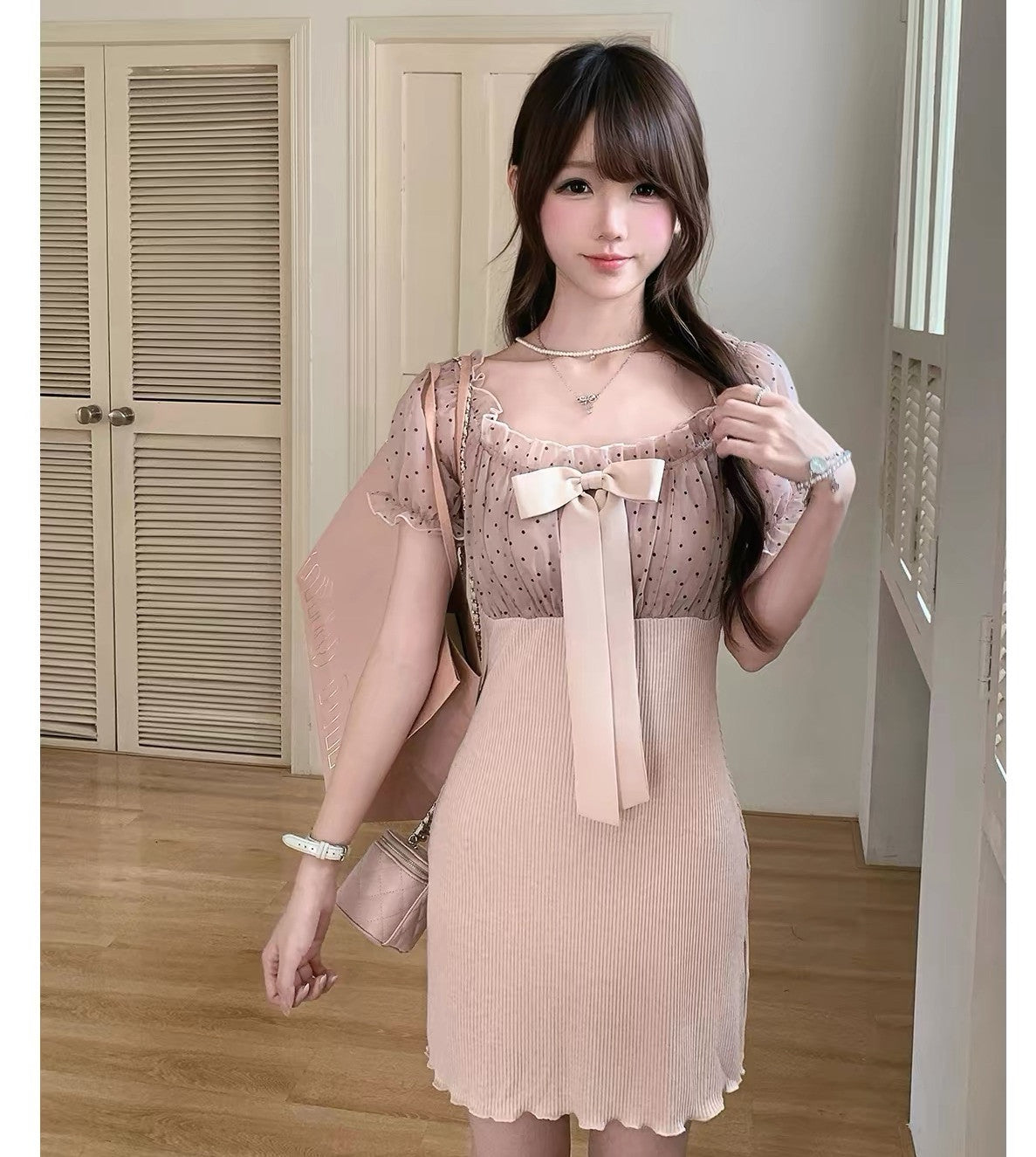 【dress】リボンドットチュールドッキングニットワンピース  N3733