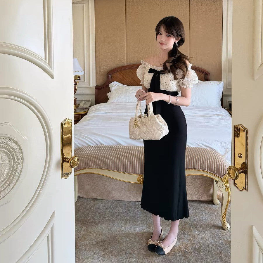 【dress】リボンドットチュールドッキングニットワンピース  N3733