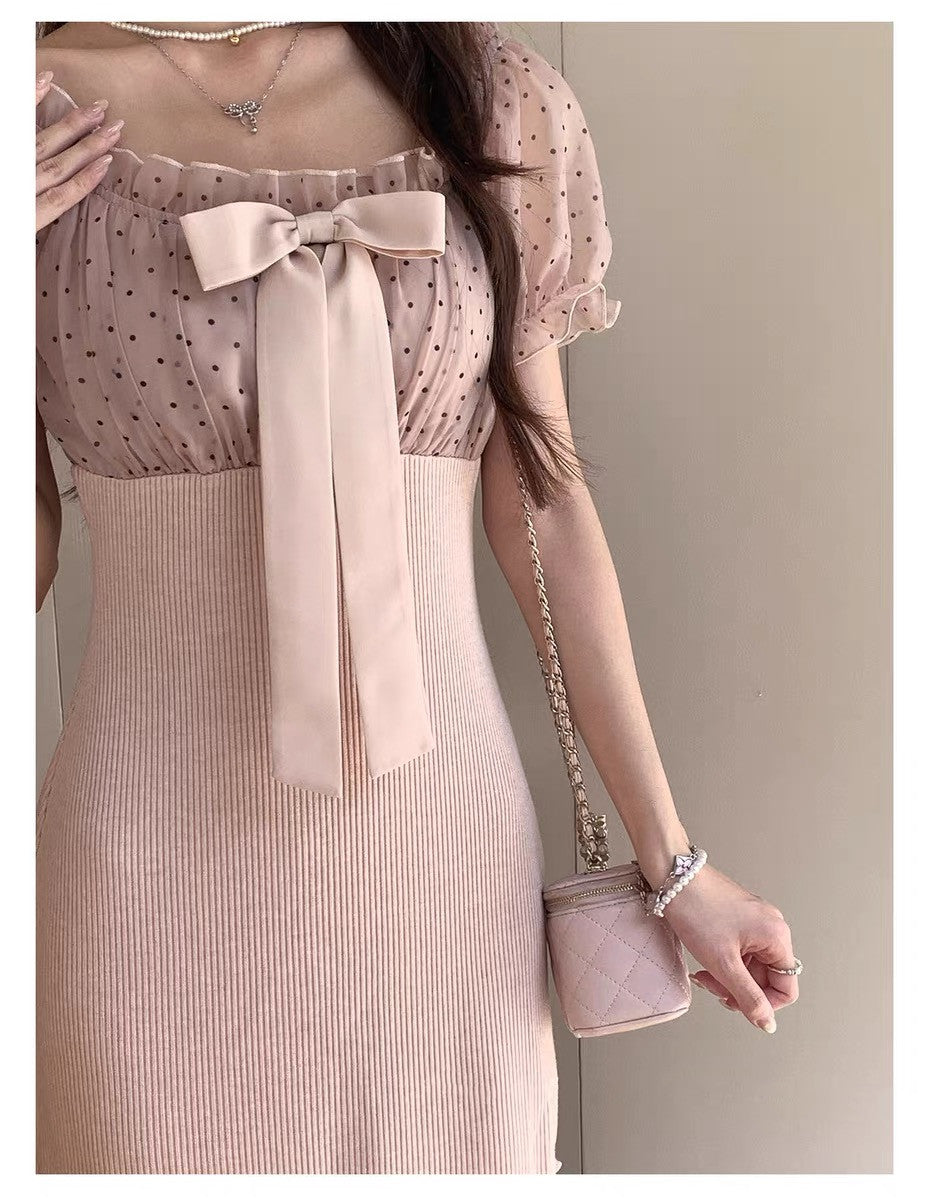 【dress】リボンドットチュールドッキングニットワンピース  N3733