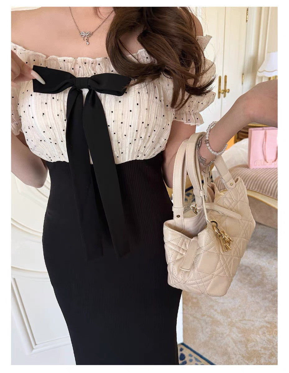 【dress】リボンドットチュールドッキングニットワンピース  N3733