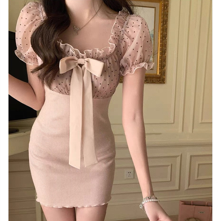 【dress】リボンドットチュールドッキングニットワンピース  N3733