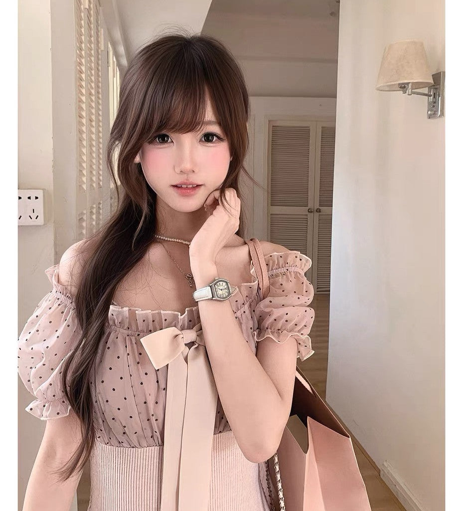 【dress】リボンドットチュールドッキングニットワンピース  N3733