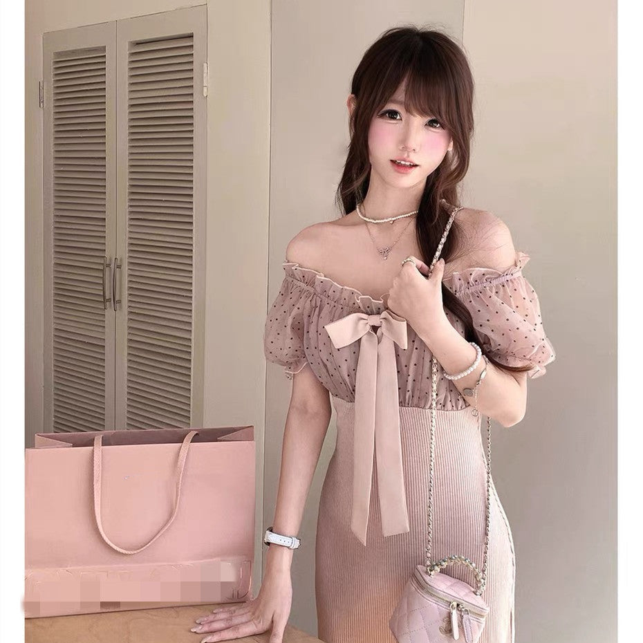 【dress】リボンドットチュールドッキングニットワンピース  N3733