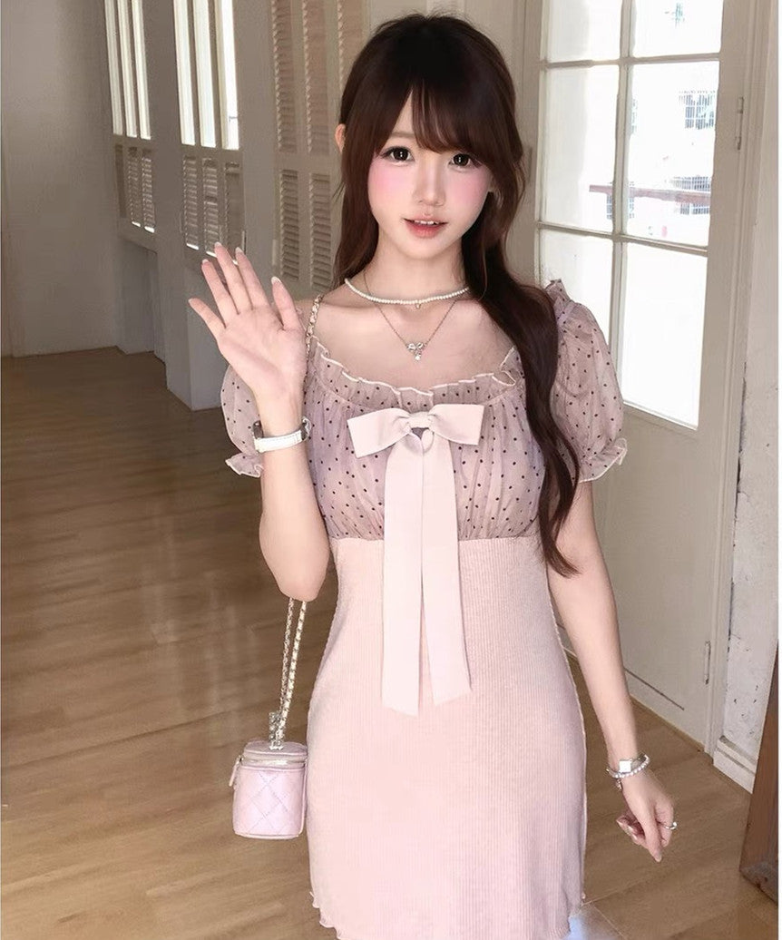【dress】リボンドットチュールドッキングニットワンピース  N3733