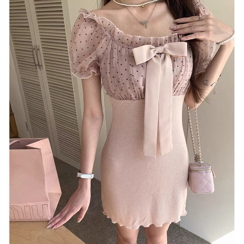 【dress】リボンドットチュールドッキングニットワンピース  N3733