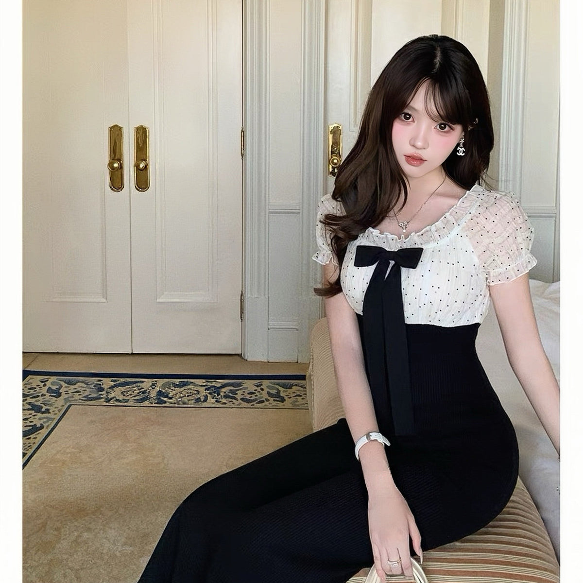 【dress】リボンドットチュールドッキングニットワンピース  N3733