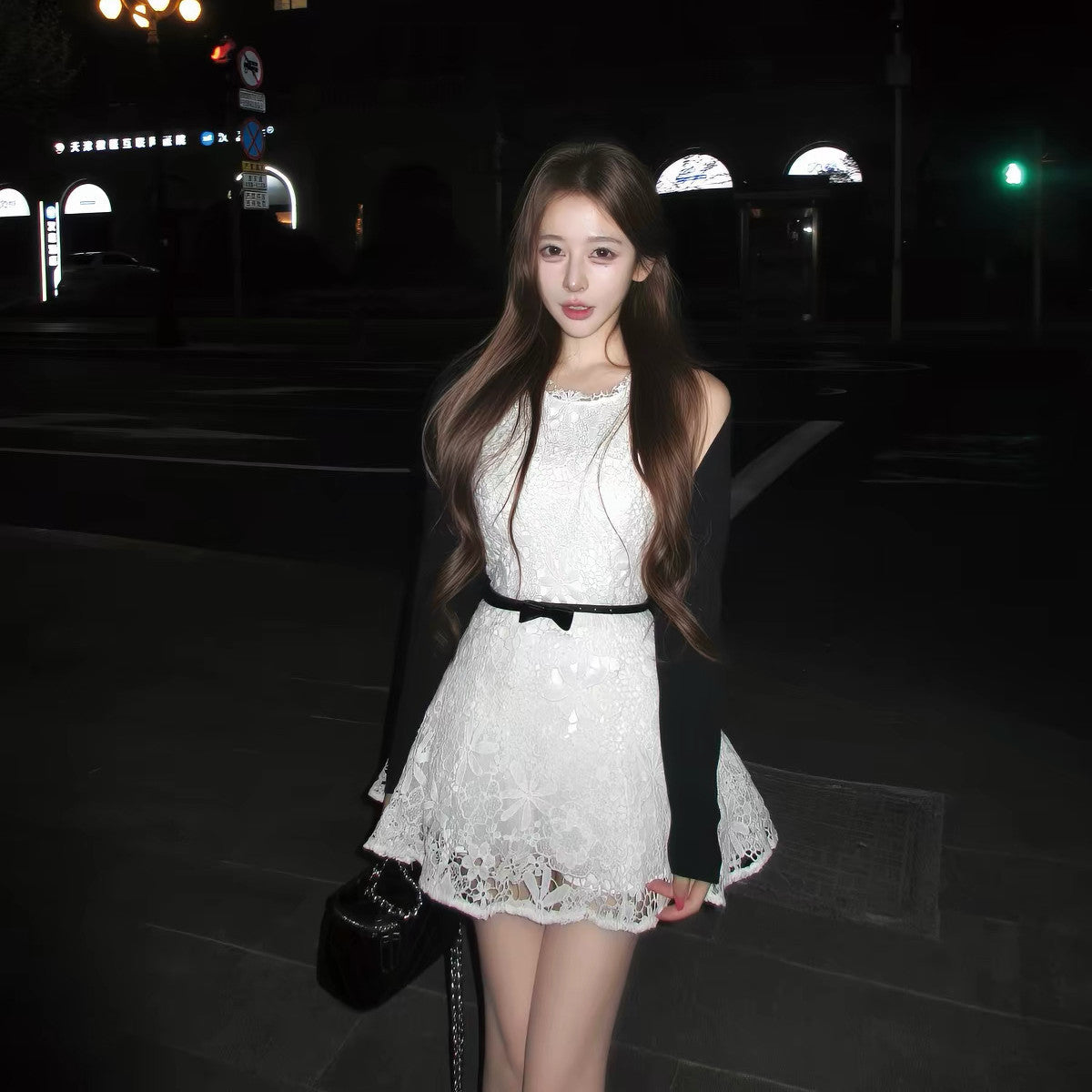 【dress】リボンベルトレースワンピース Q8755