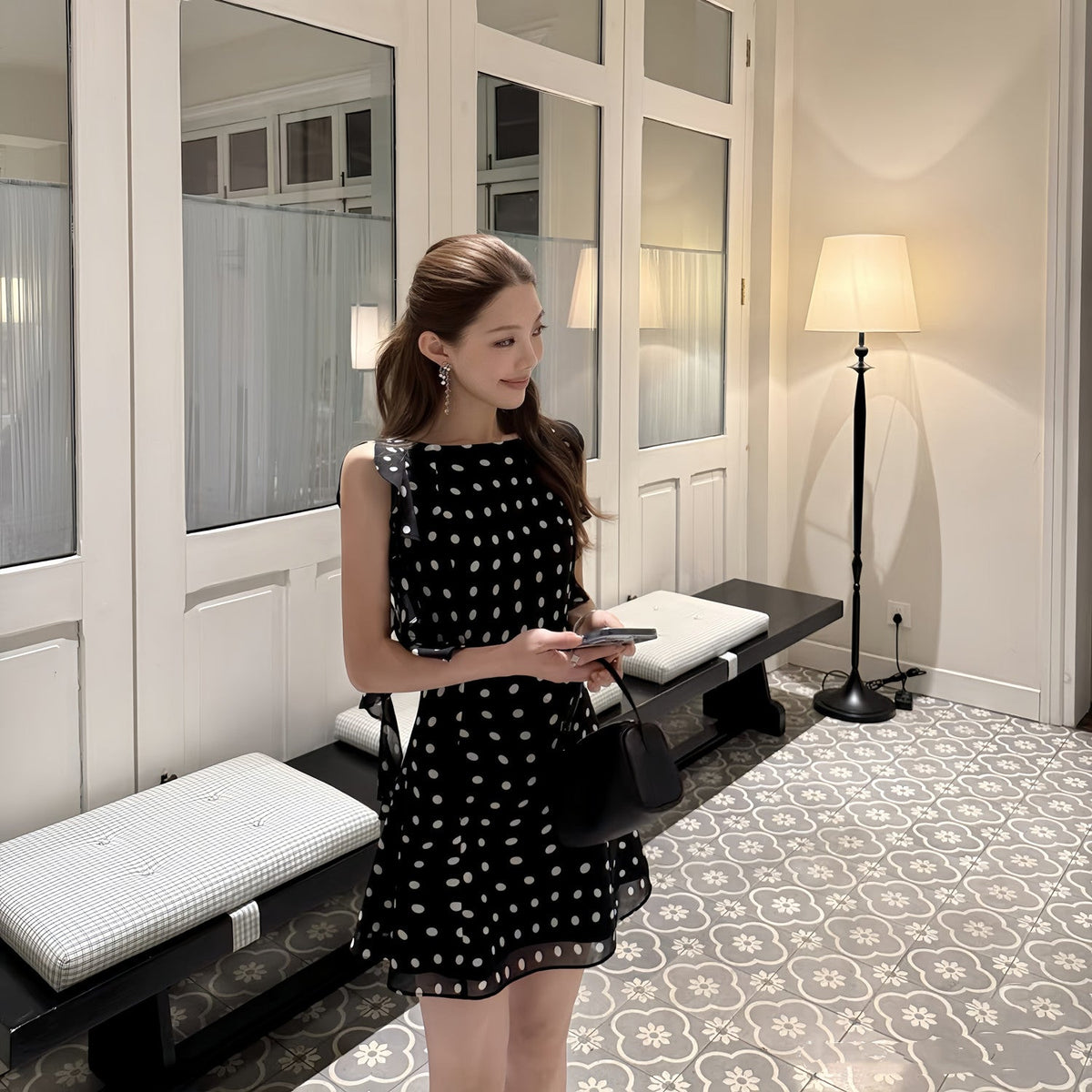 【dress】フリルドットミニワンピース Q8710