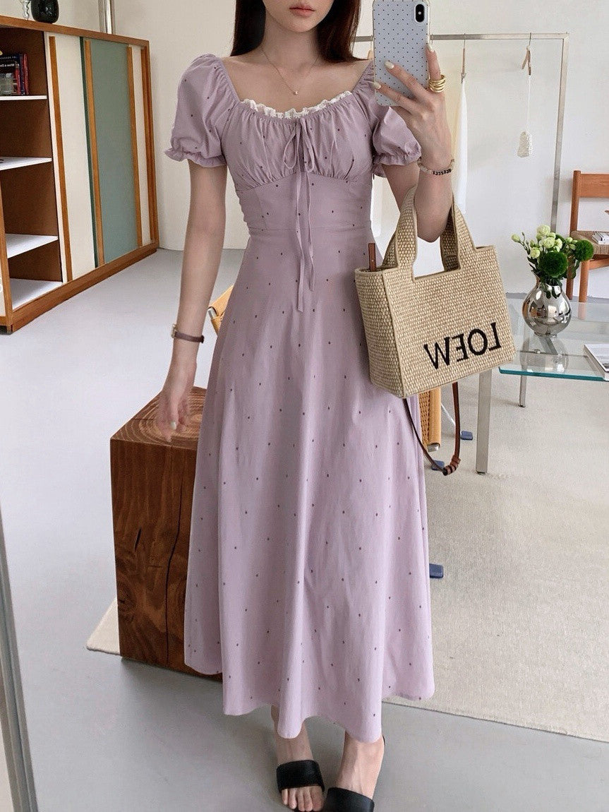 【dress】ドット柄レースドッキングロングワンピース Q8754