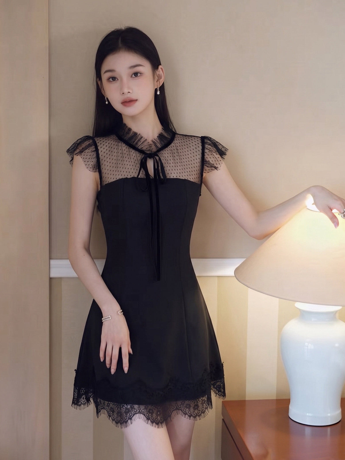 【dress】レースドッキングミニワンピース Q8709
