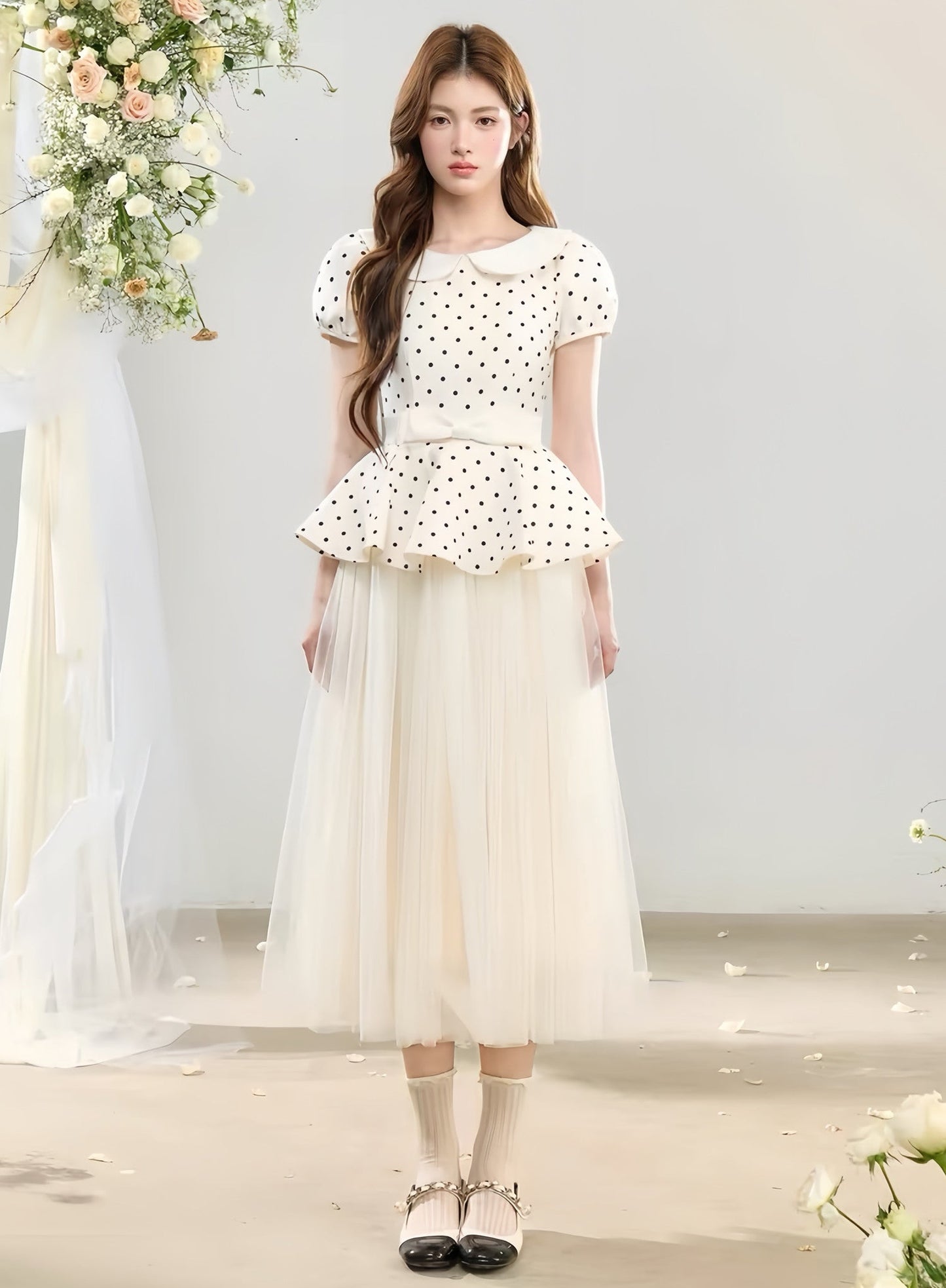 【dress】ペプラムドットチュールドッキングワンピース  N3736