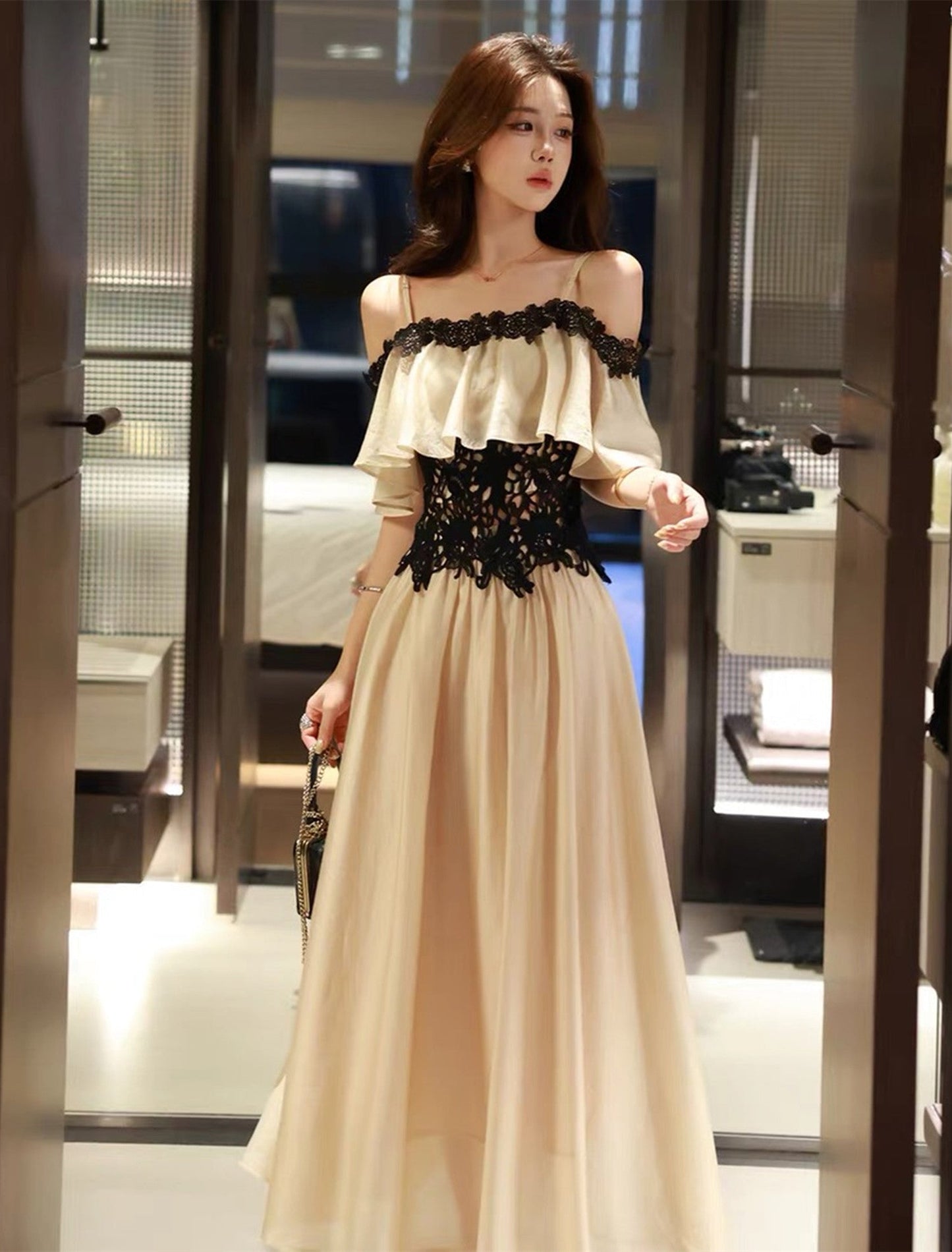 【set】フリルレースドッキングトップス×ロングスカートセット   N3744