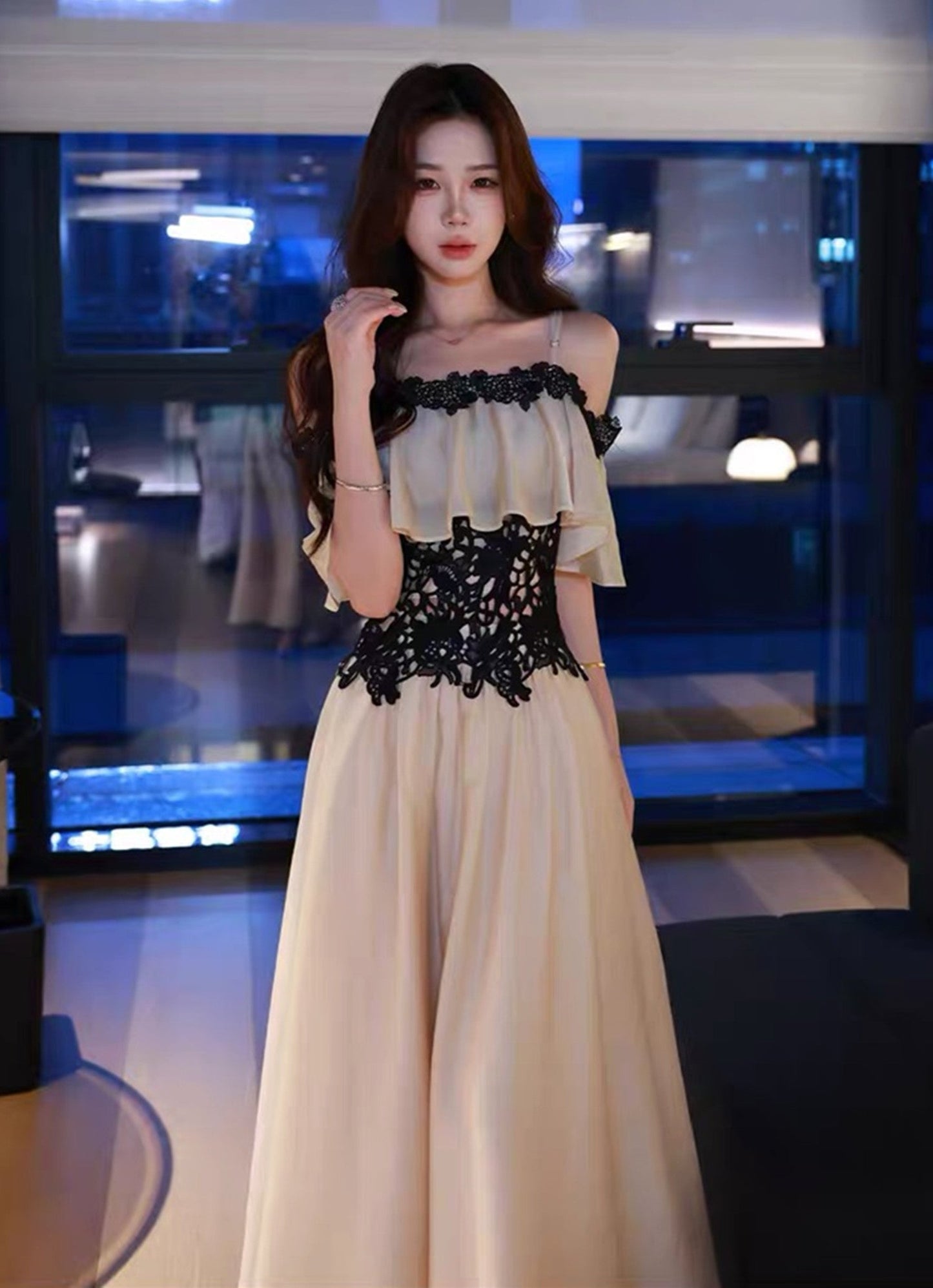 【set】フリルレースドッキングトップス×ロングスカートセット   N3744
