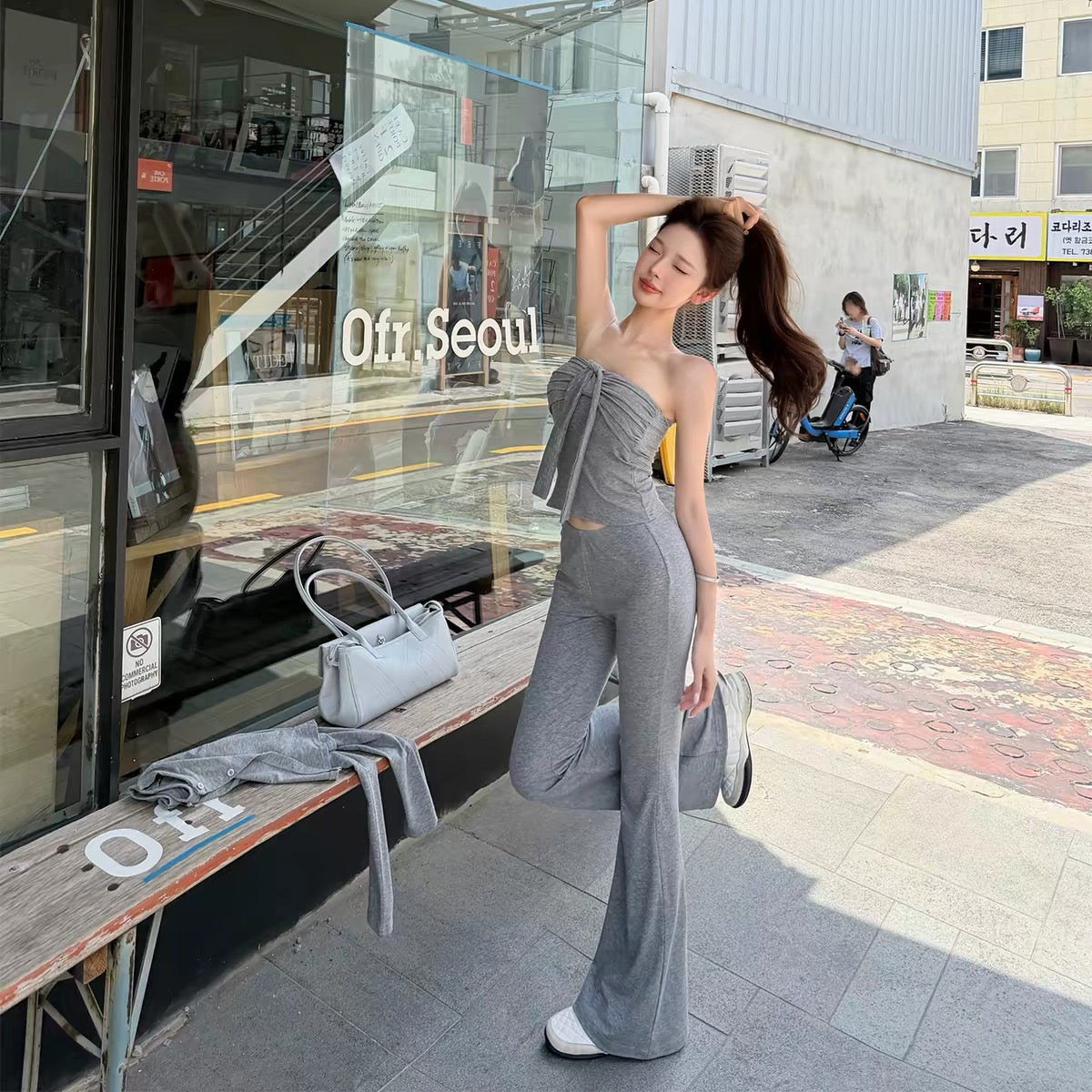 【set】リボンベアトップ×カーディガン×フレアパンツ3点セット   N3748