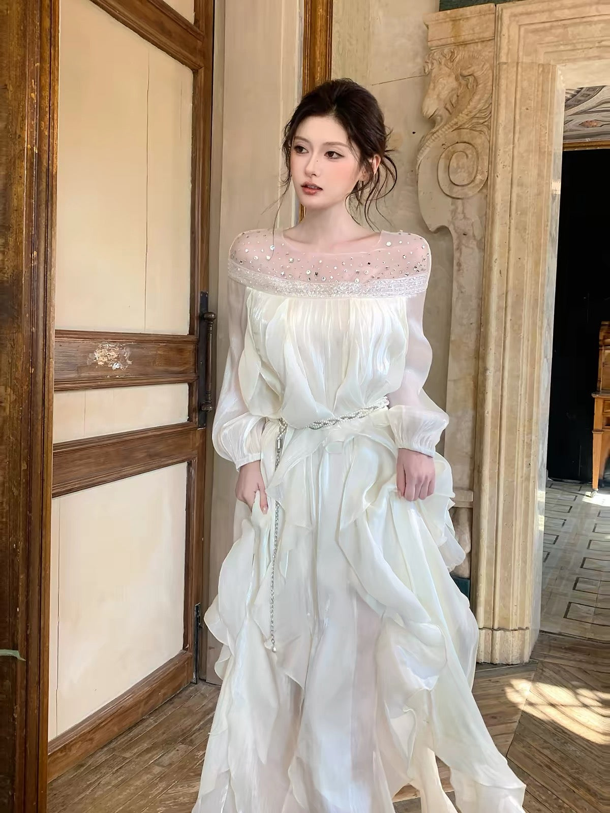 【dress】ビジューシアーフリルロングワンピース   N3747