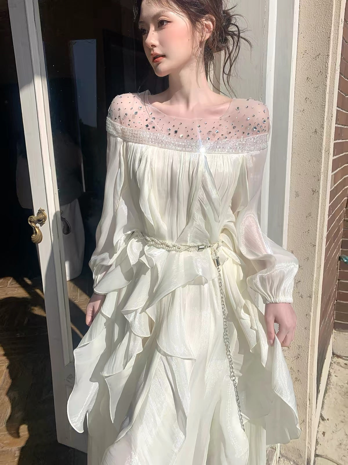 【dress】ビジューシアーフリルロングワンピース   N3747