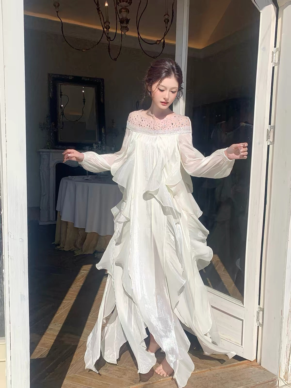 【dress】ビジューシアーフリルロングワンピース   N3747
