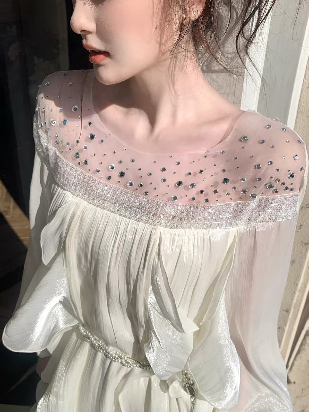 【dress】ビジューシアーフリルロングワンピース   N3747
