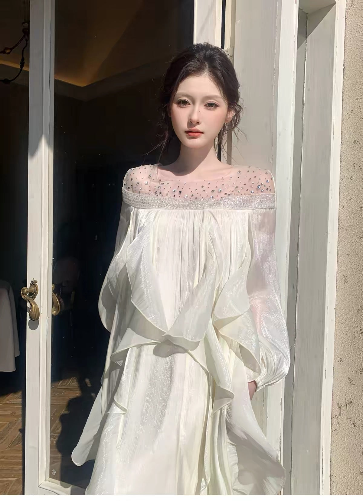 【dress】ビジューシアーフリルロングワンピース   N3747