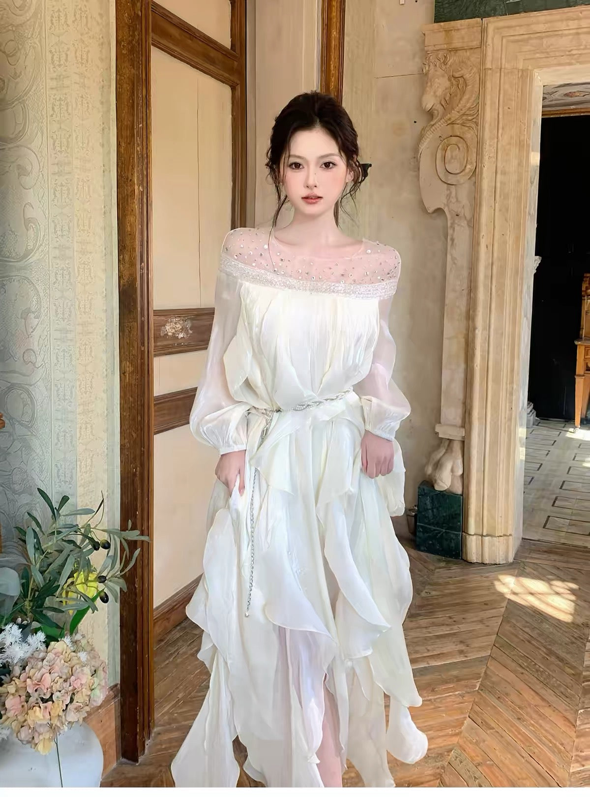 【dress】ビジューシアーフリルロングワンピース   N3747