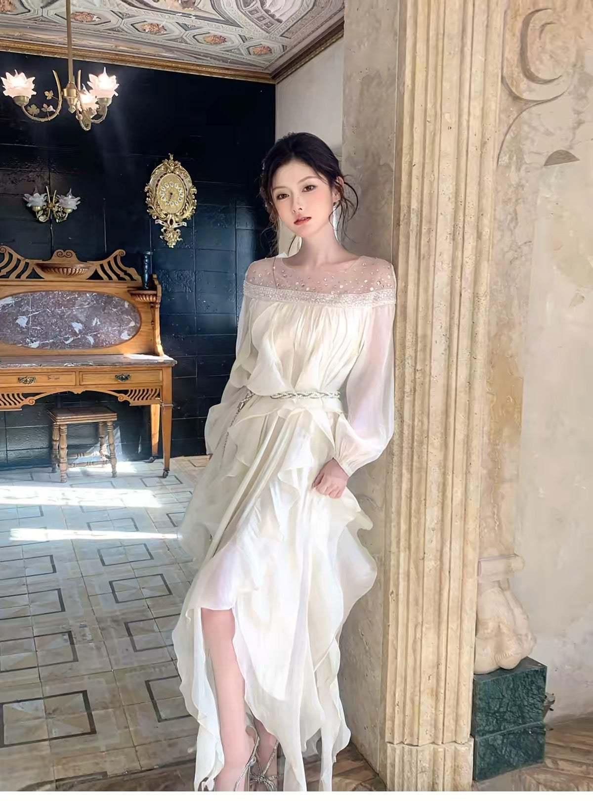 【dress】ビジューシアーフリルロングワンピース   N3747