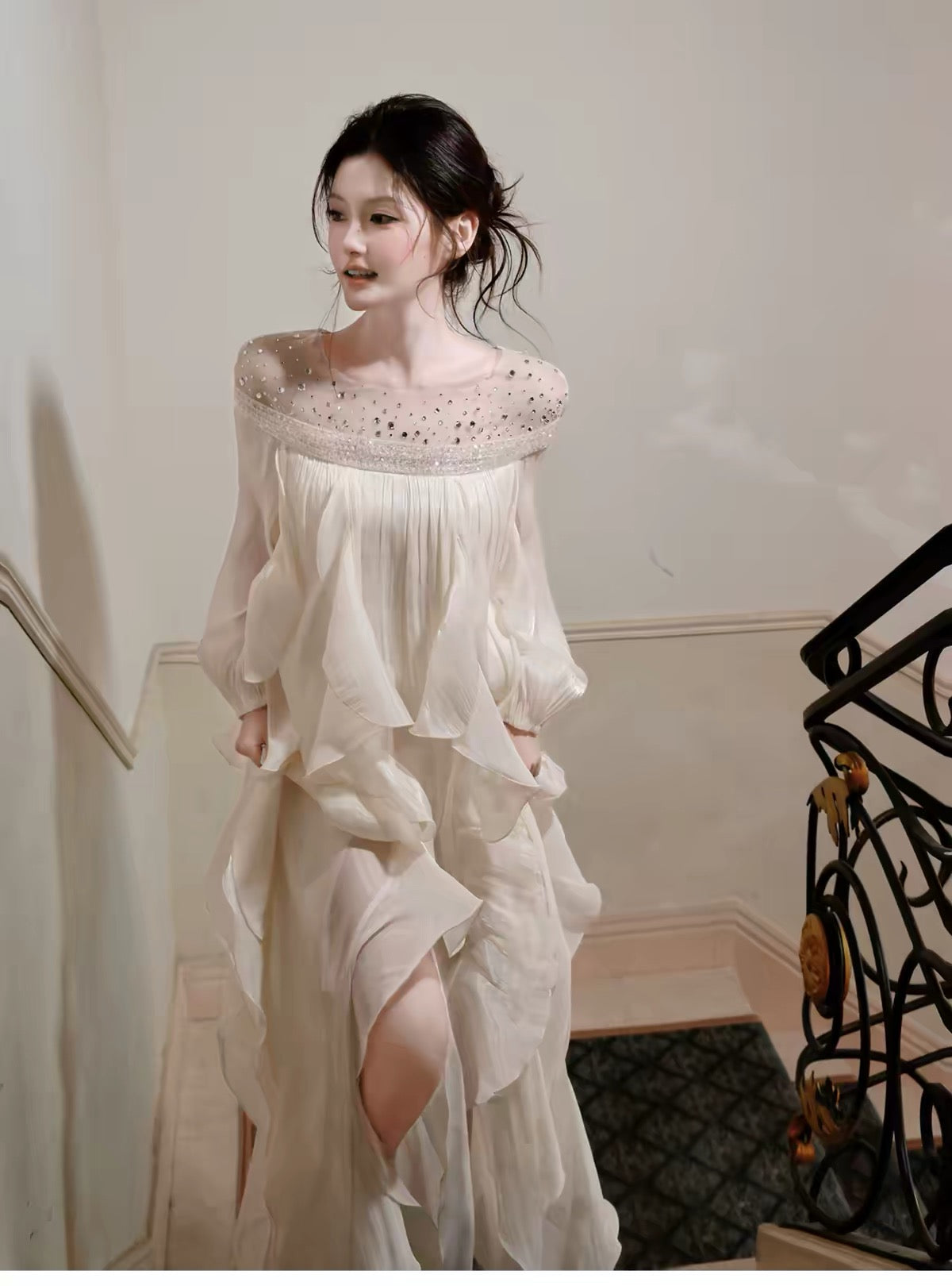 【dress】ビジューシアーフリルロングワンピース   N3747