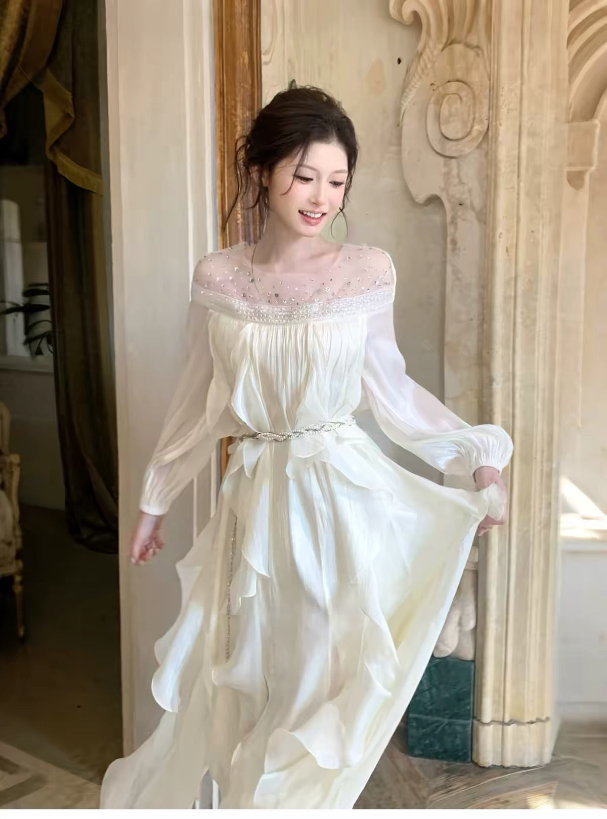 【dress】ビジューシアーフリルロングワンピース   N3747