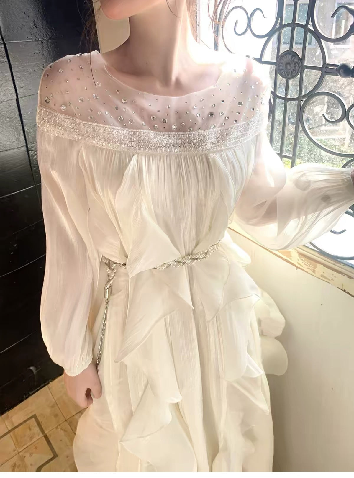【dress】ビジューシアーフリルロングワンピース   N3747