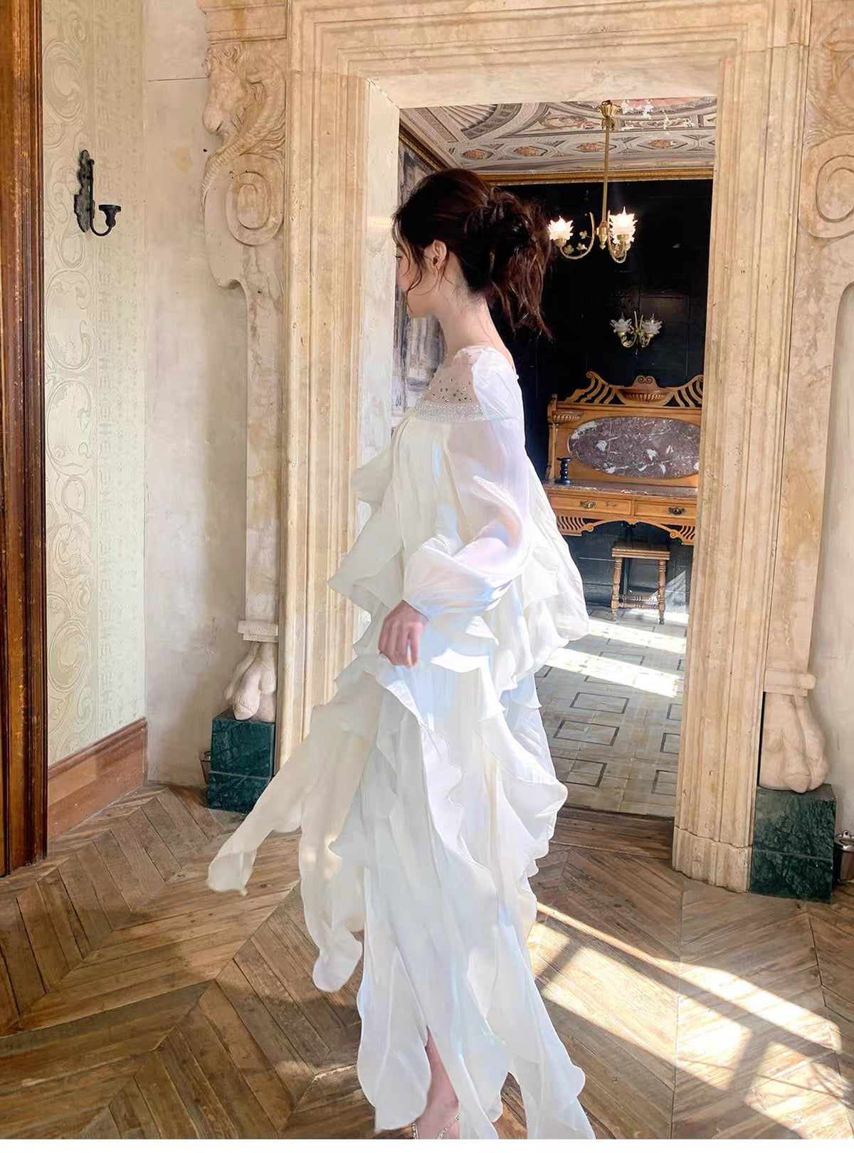【dress】ビジューシアーフリルロングワンピース   N3747