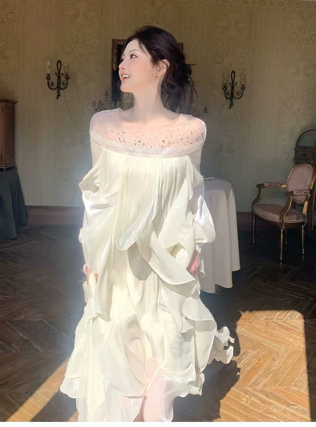【dress】ビジューシアーフリルロングワンピース   N3747