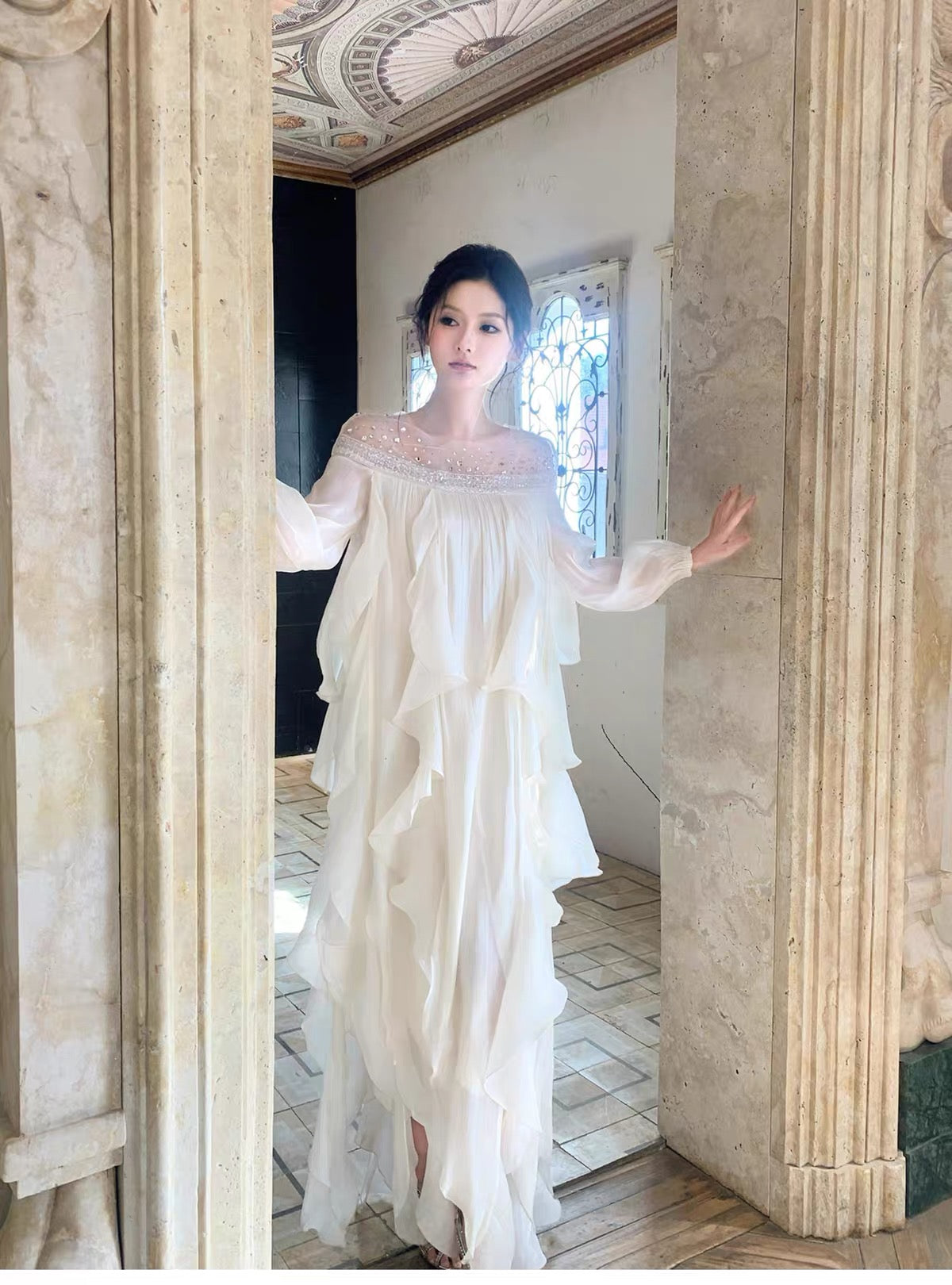 【dress】ビジューシアーフリルロングワンピース   N3747