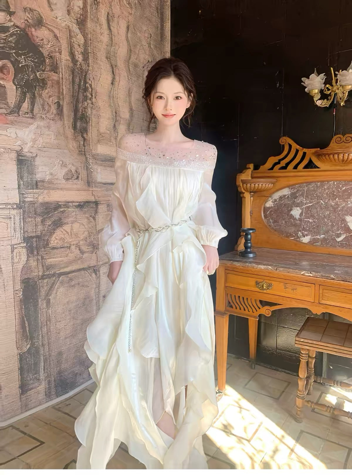 【dress】ビジューシアーフリルロングワンピース   N3747