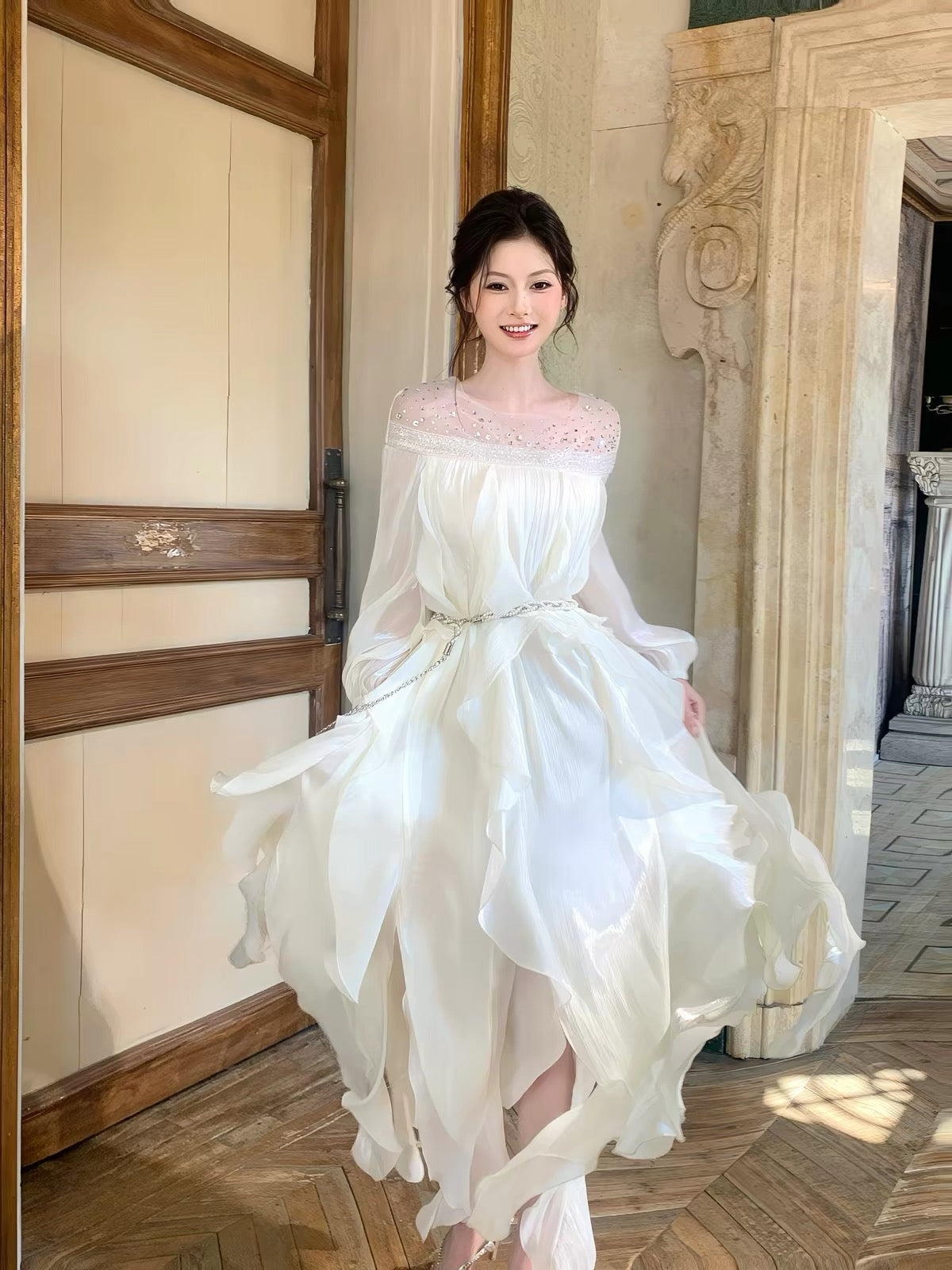 【dress】ビジューシアーフリルロングワンピース   N3747