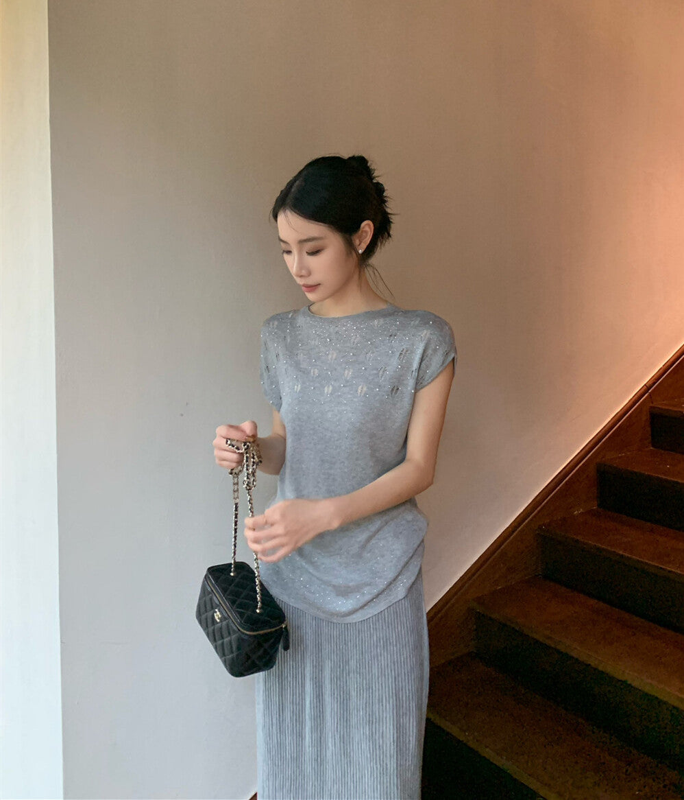 【set】ラインストーンニットトップス×シアーロングスカートセット  N3752