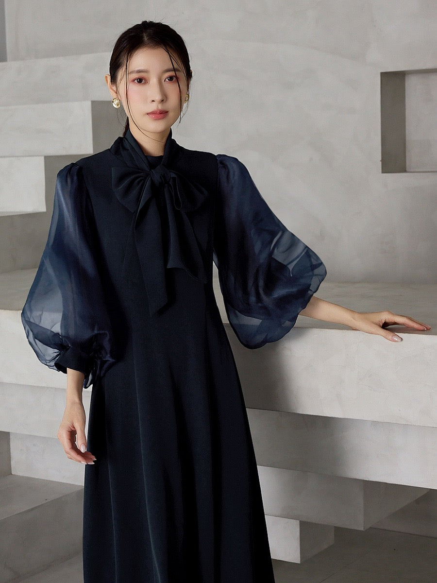 【dress】2WAYパフスリーブリボンロングワンピース   N3754