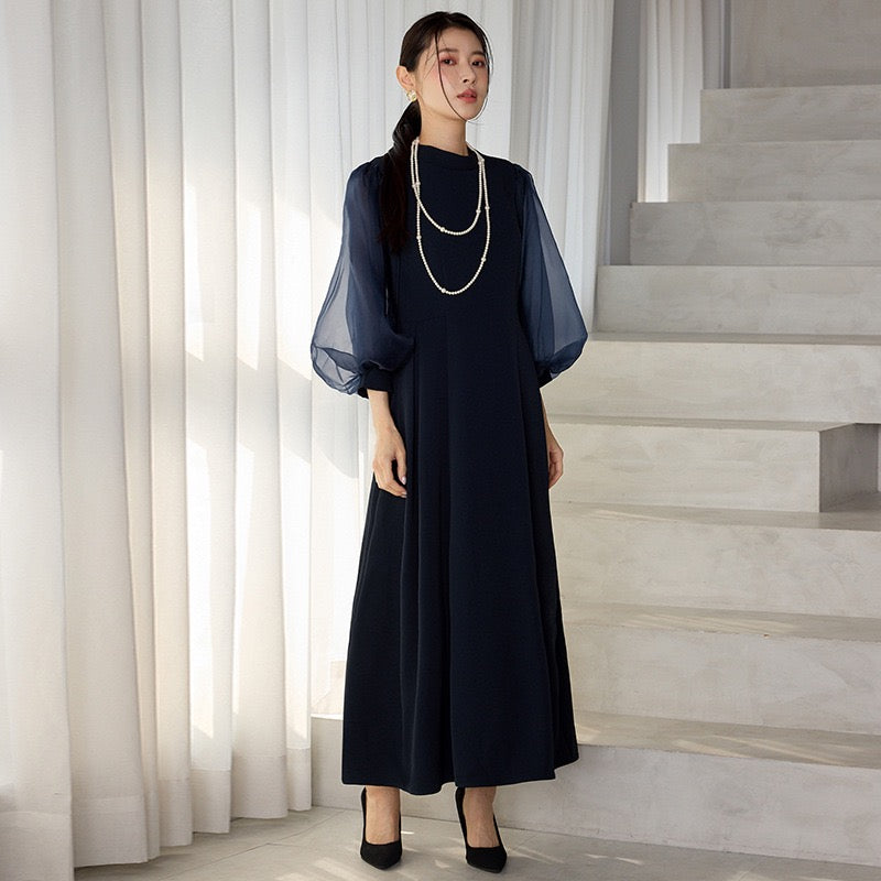 【dress】2WAYパフスリーブリボンロングワンピース   N3754