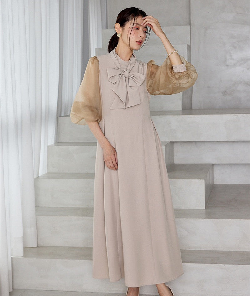 【dress】2WAYパフスリーブリボンロングワンピース   N3754