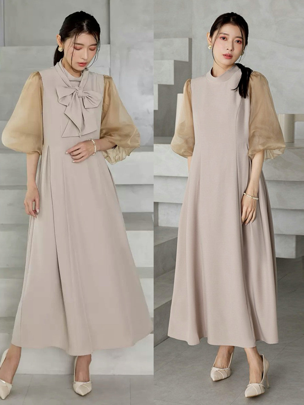 【dress】2WAYパフスリーブリボンロングワンピース   N3754