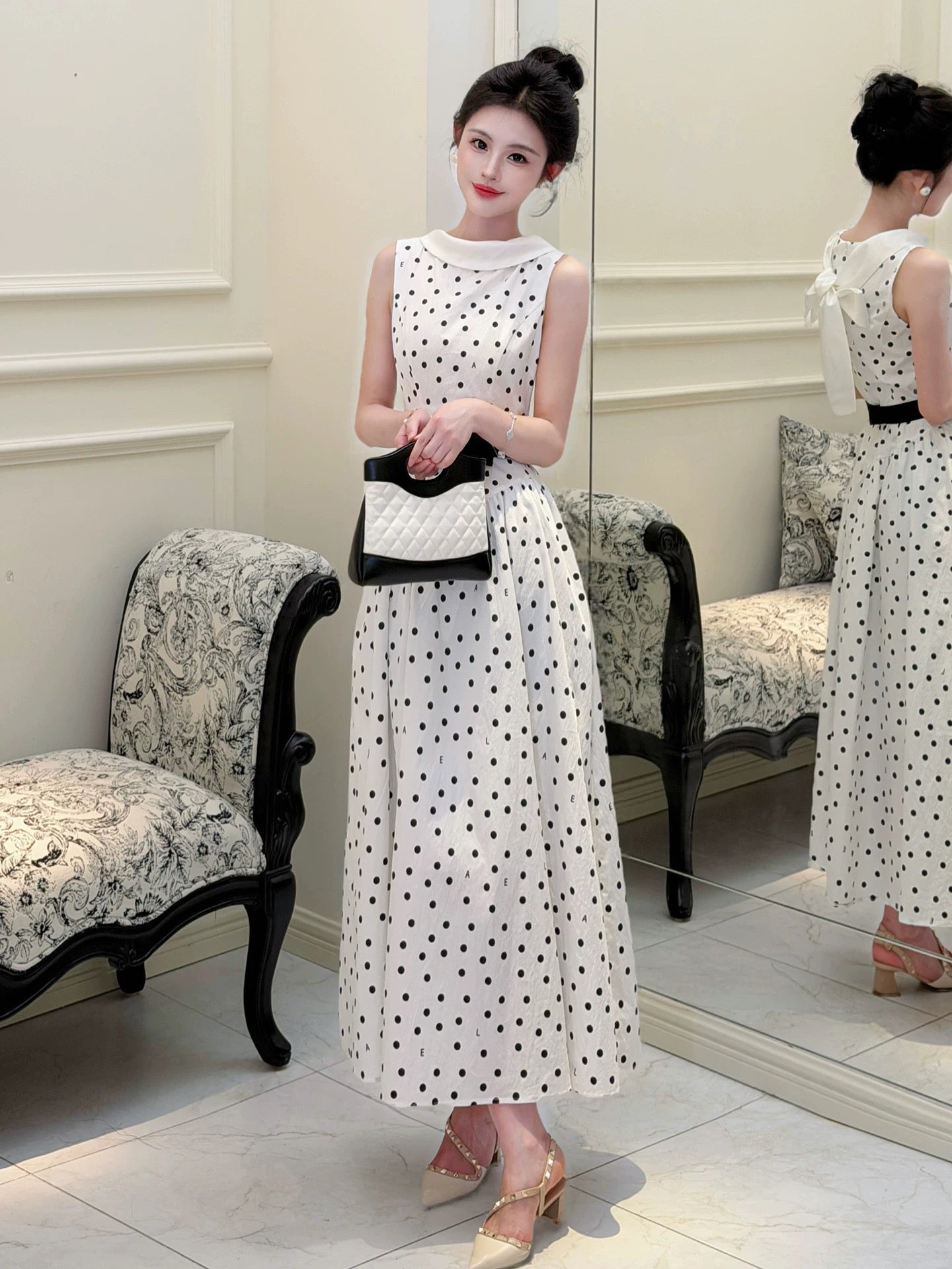 【dress】リボンベルトドットロングワンピース   N3756