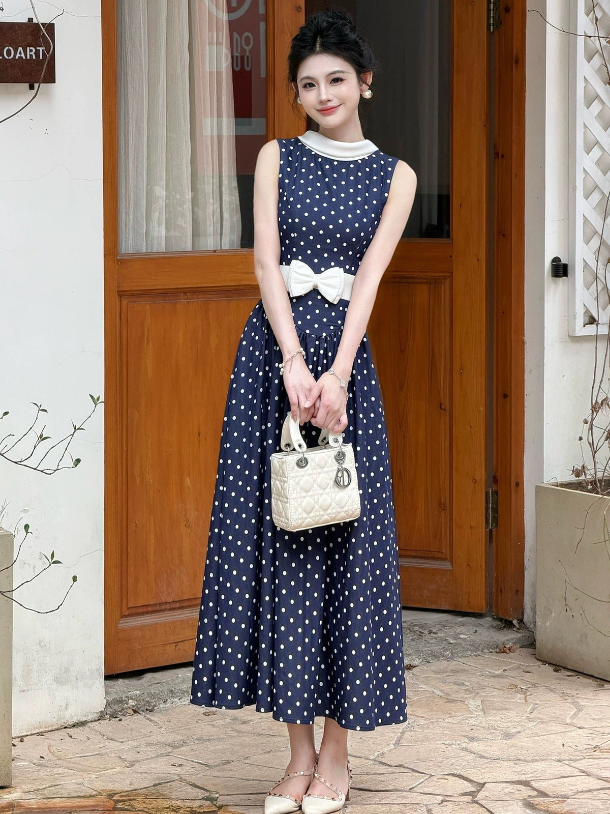 【dress】リボンベルトドットロングワンピース   N3756