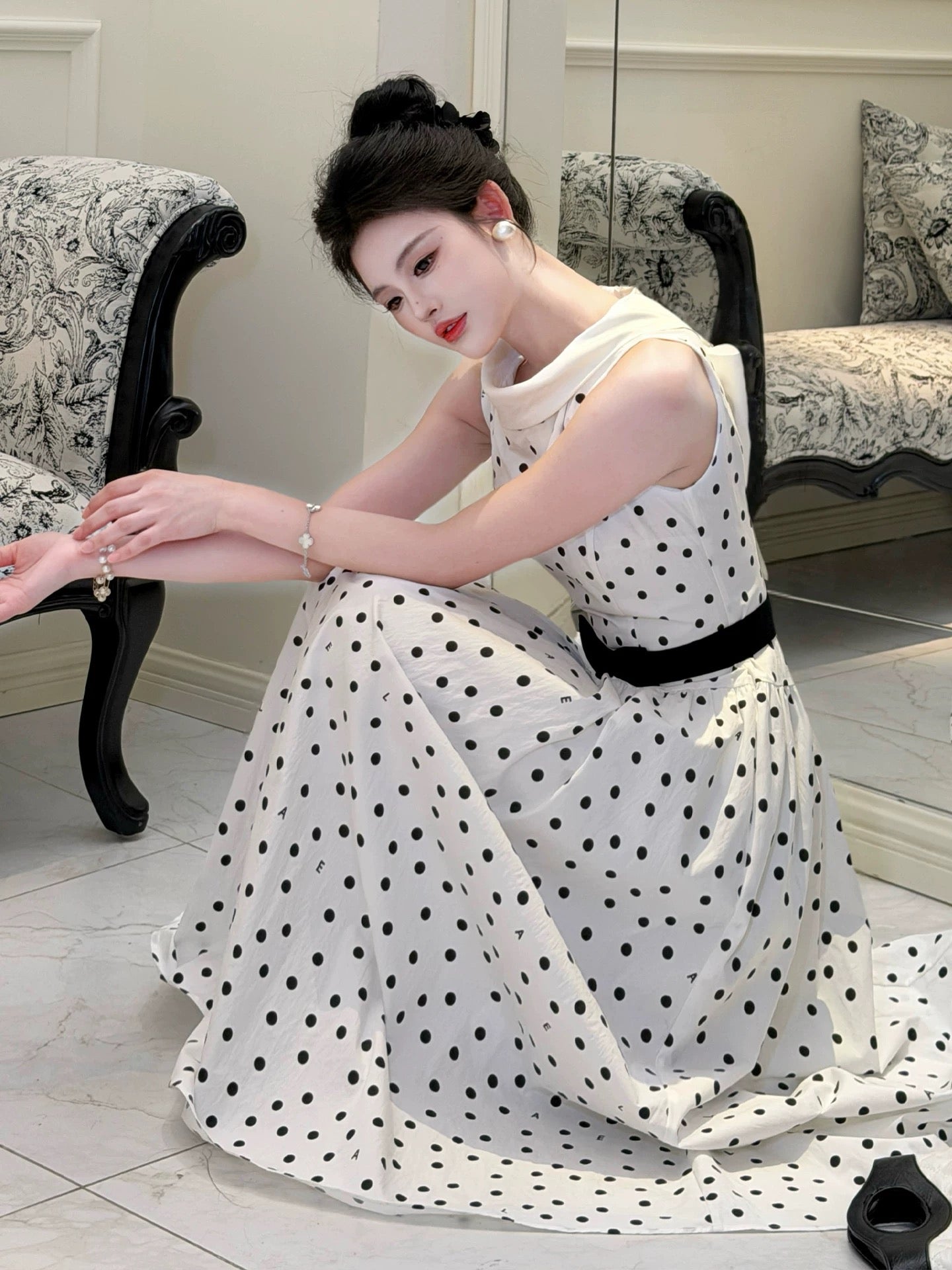 【dress】リボンベルトドットロングワンピース   N3756