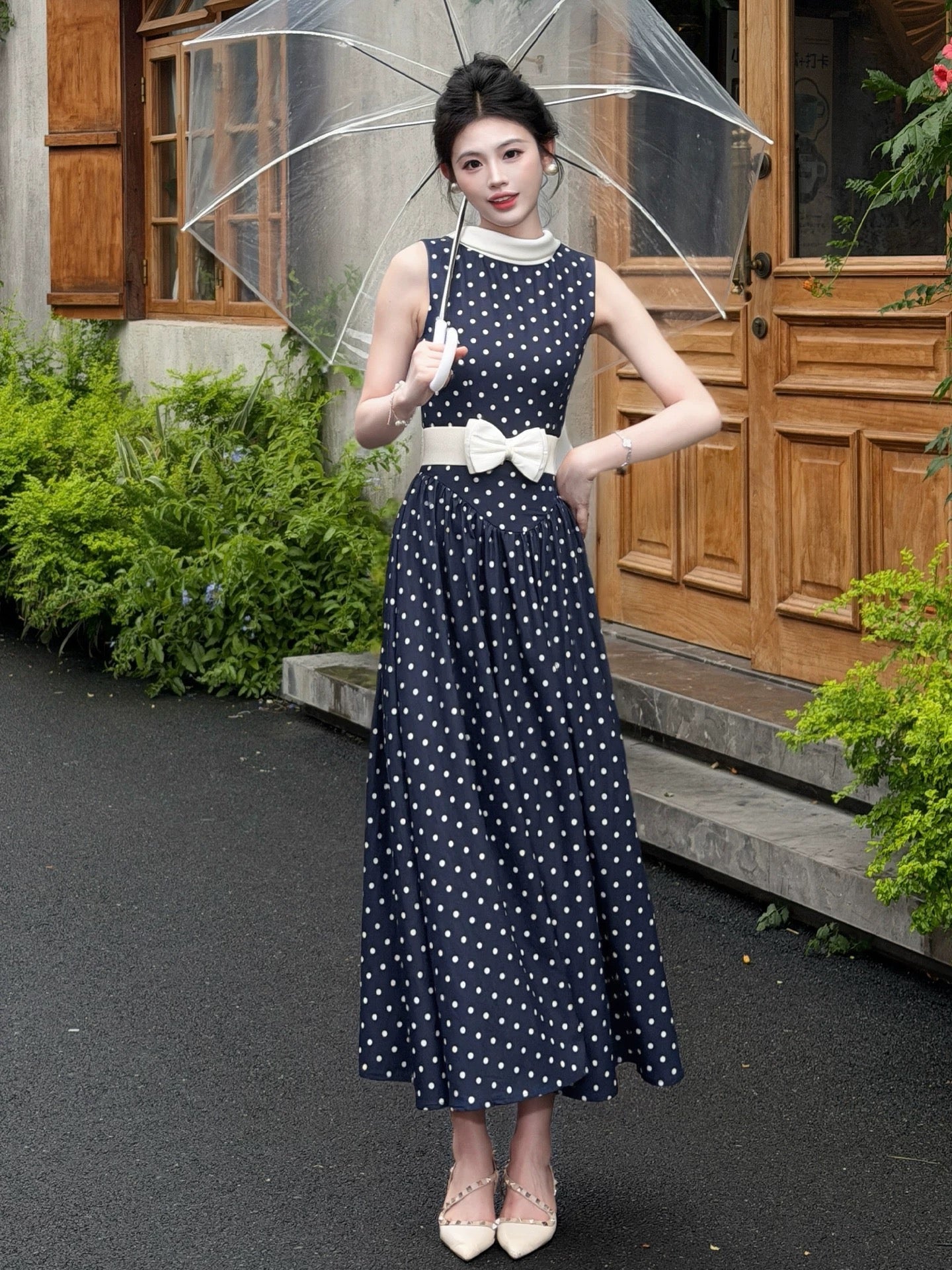 【dress】リボンベルトドットロングワンピース   N3756