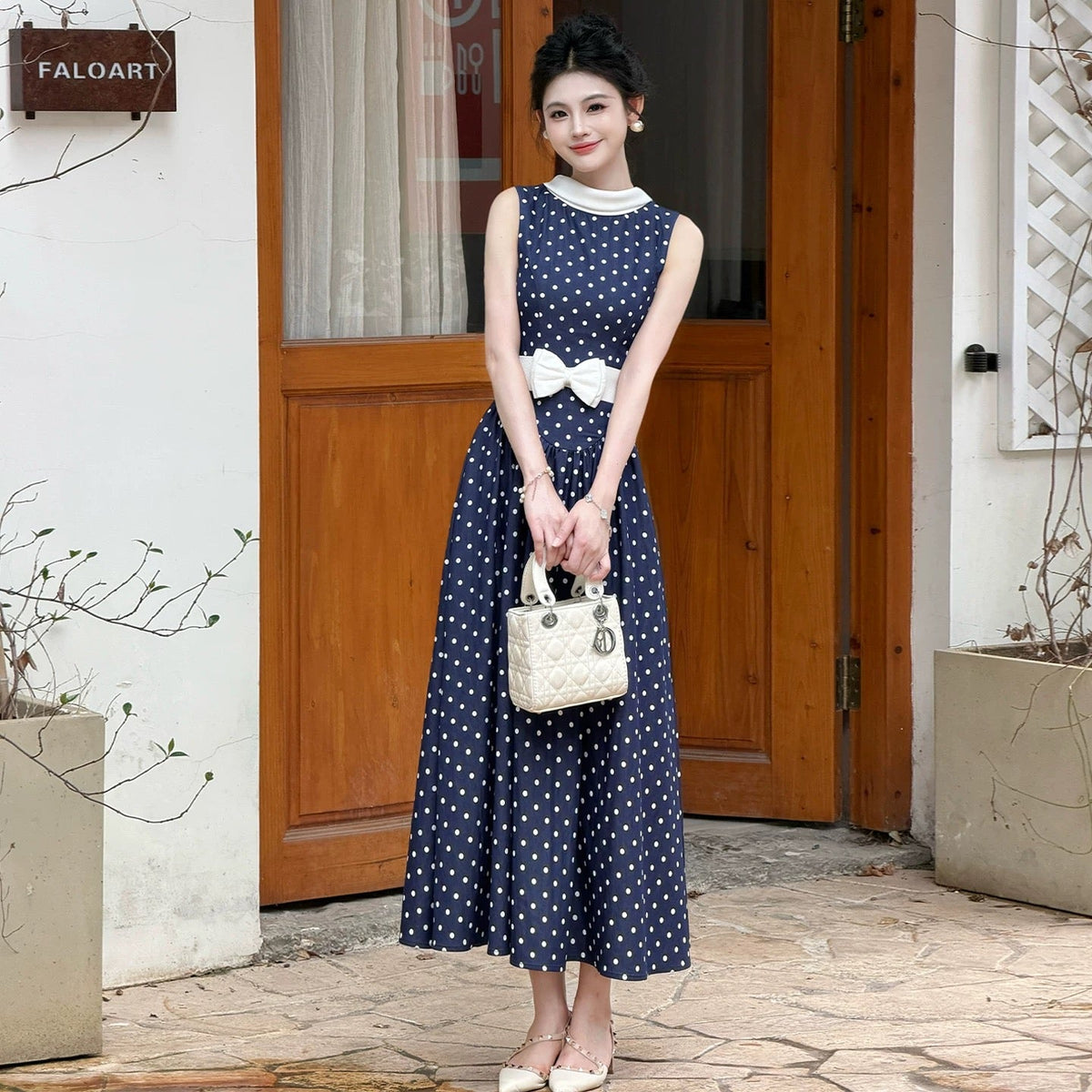 【dress】リボンベルトドットロングワンピース   N3756