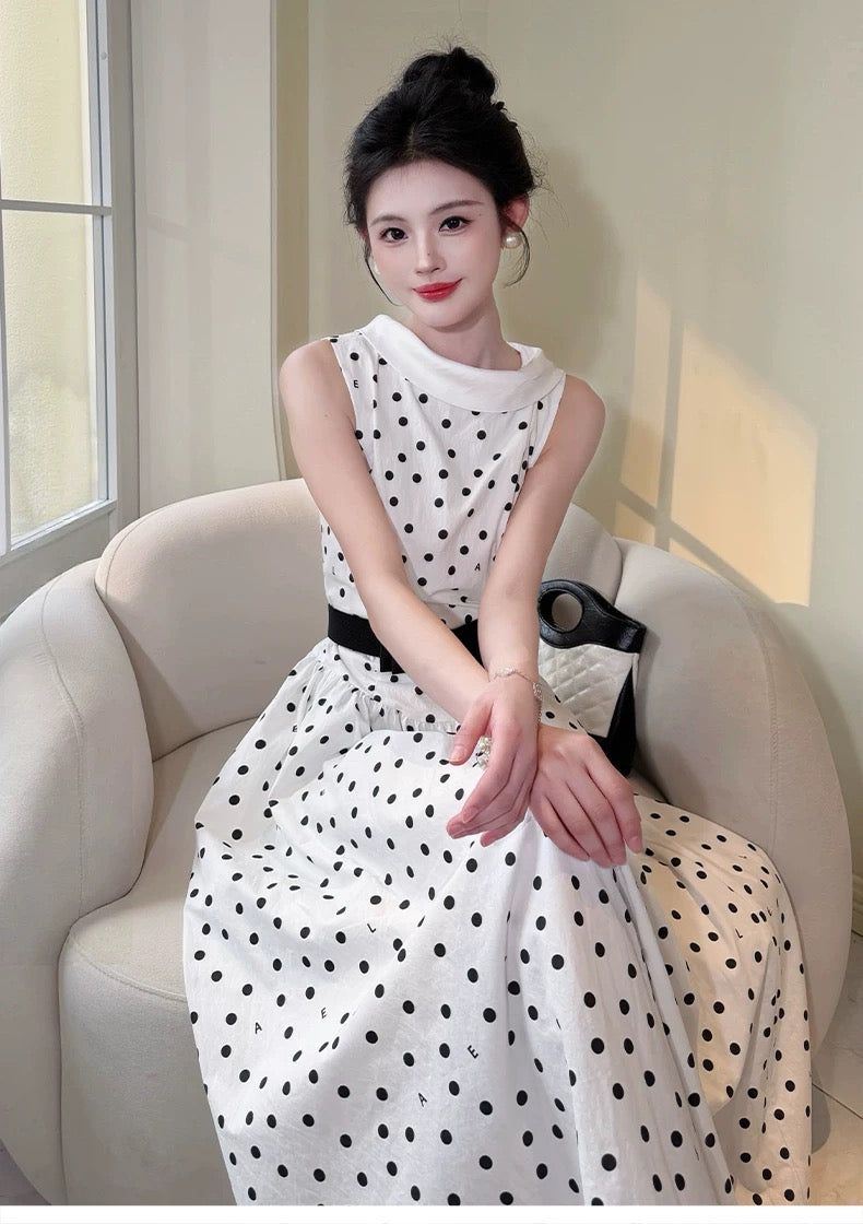 【dress】リボンベルトドットロングワンピース   N3756