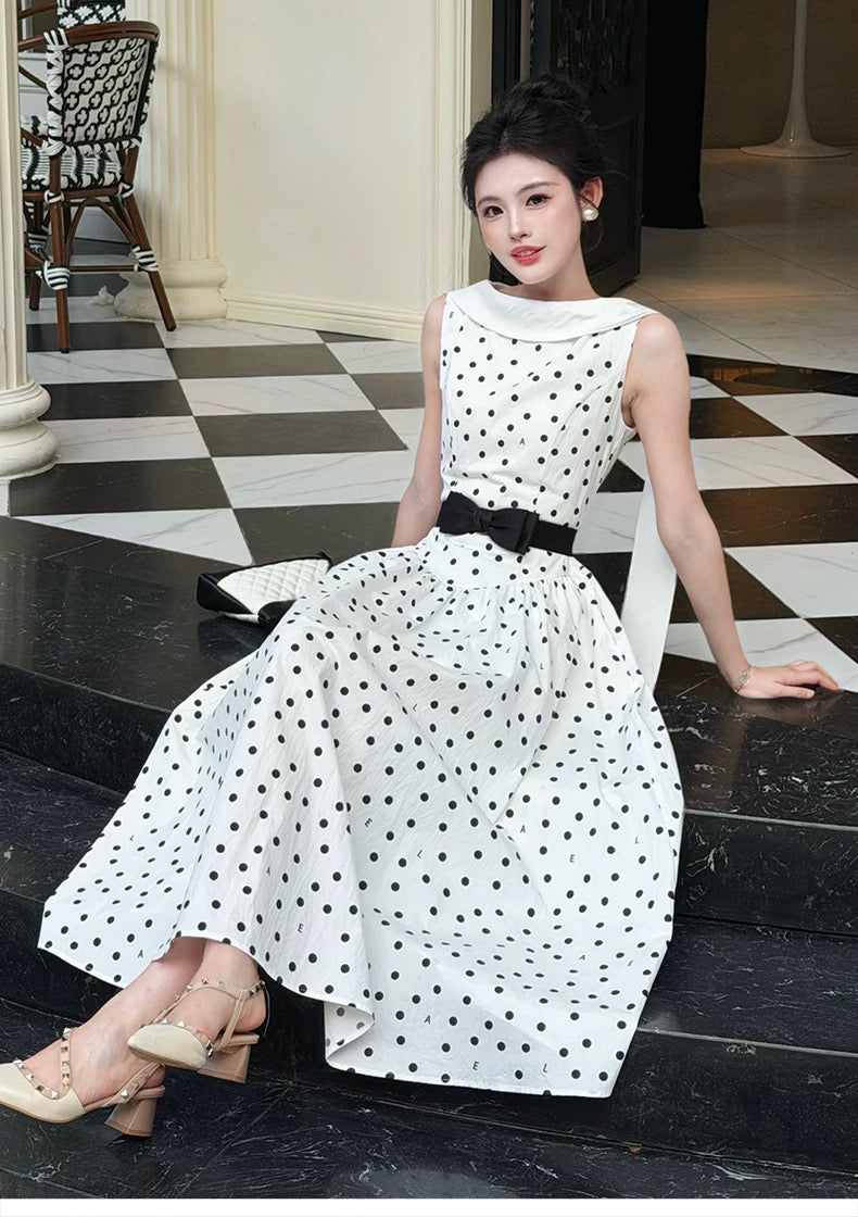 【dress】リボンベルトドットロングワンピース   N3756