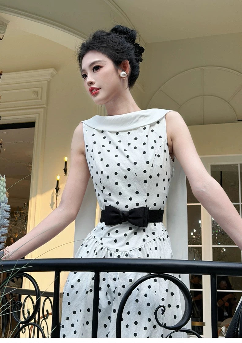 【dress】リボンベルトドットロングワンピース   N3756