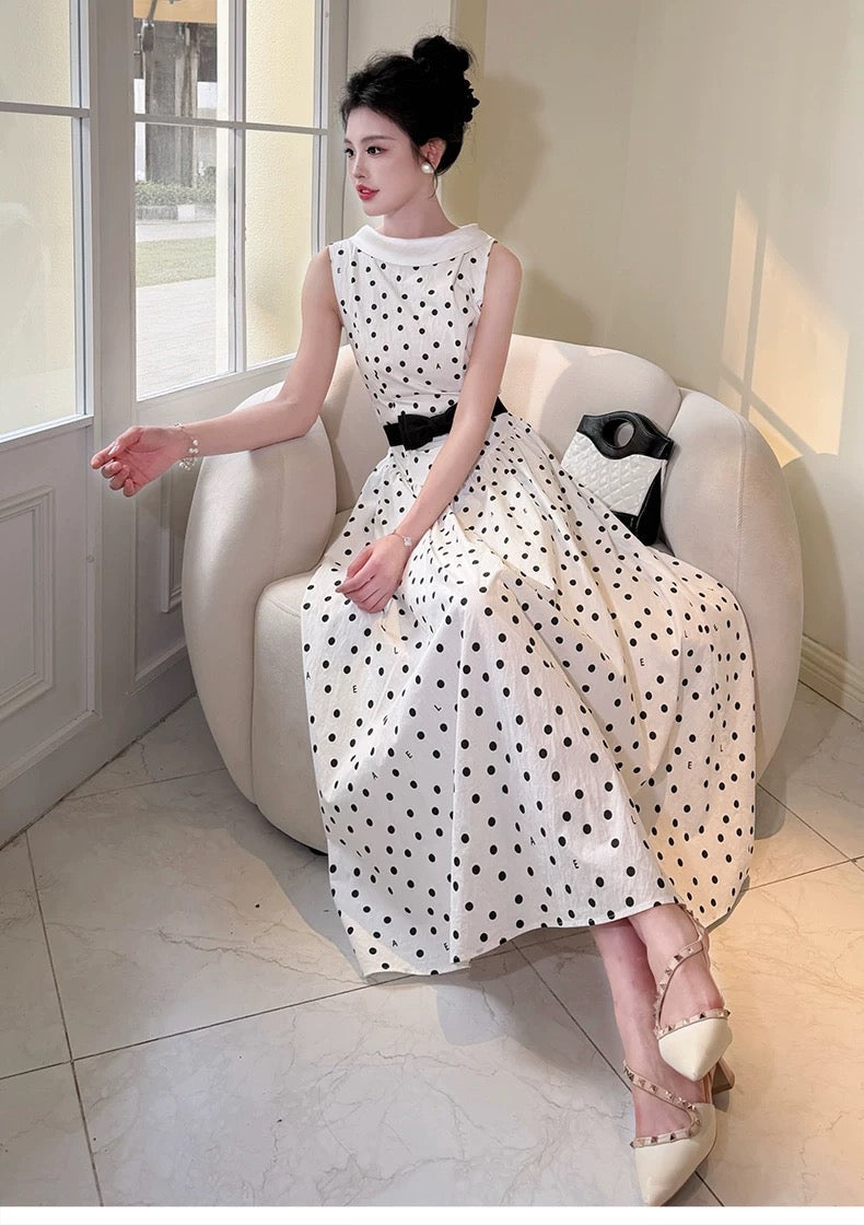 【dress】リボンベルトドットロングワンピース   N3756